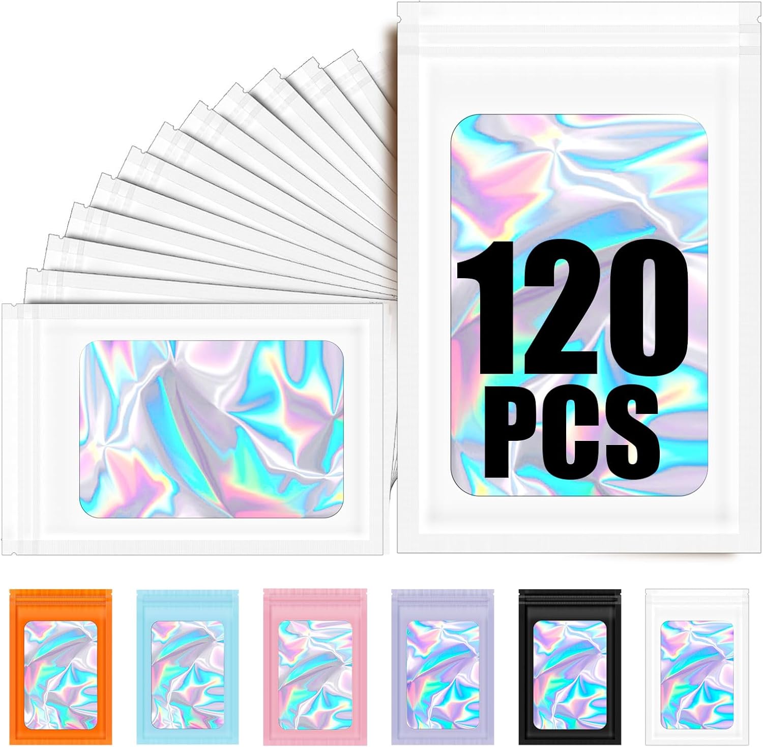 120PCS Smell Proof Mylar Bags,7.8"x11.8" Resealable Bag for Small Business,Holographic Packaging Bags with Clear Window,Foil Pouch Sample Snack Candy Jewelry Bag for Party Favors White
