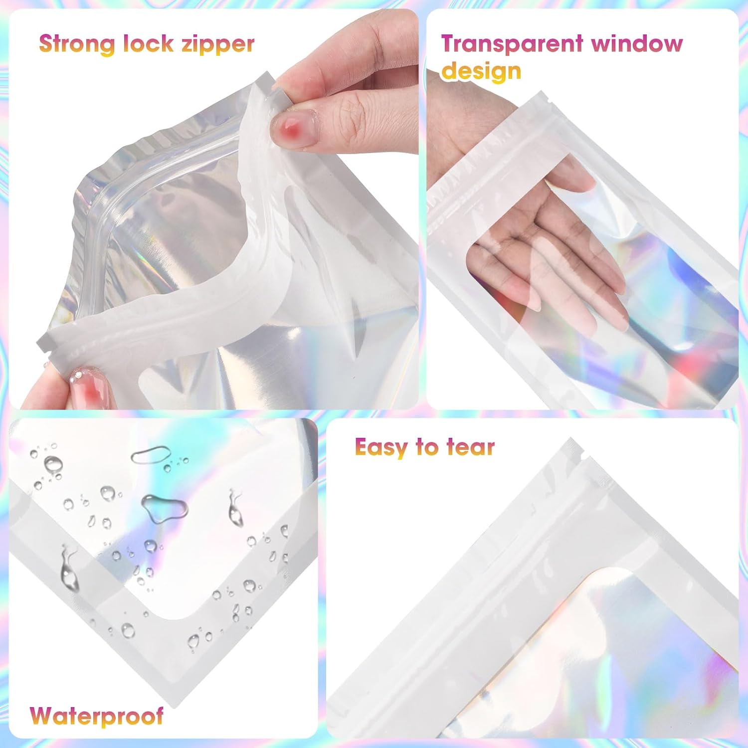 120PCS Smell Proof Mylar Bags,7.8"x11.8" Resealable Bag for Small Business,Holographic Packaging Bags with Clear Window,Foil Pouch Sample Snack Candy Jewelry Bag for Party Favors White