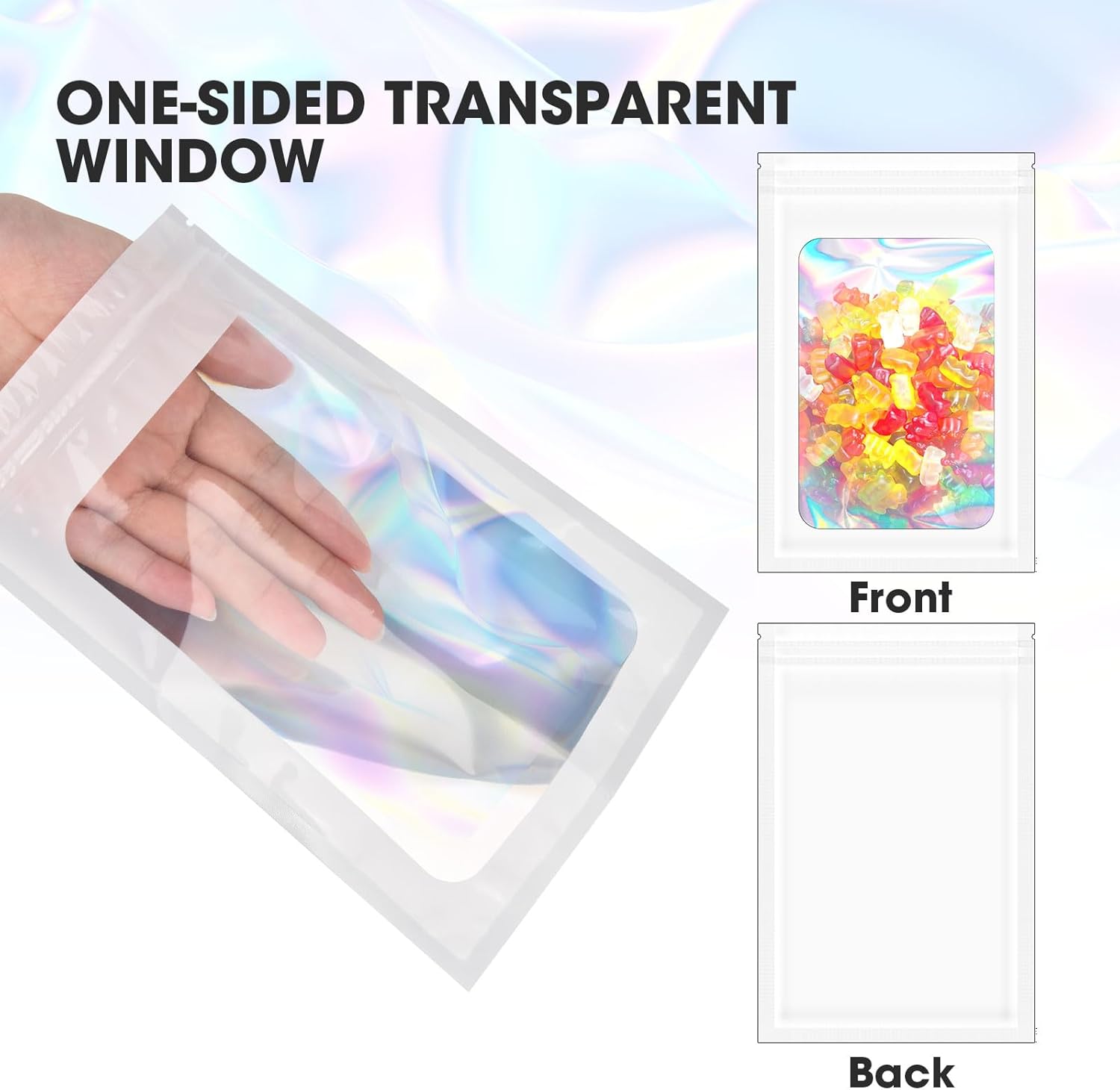 120PCS Smell Proof Mylar Bags,7.8"x11.8" Resealable Bag for Small Business,Holographic Packaging Bags with Clear Window,Foil Pouch Sample Snack Candy Jewelry Bag for Party Favors White