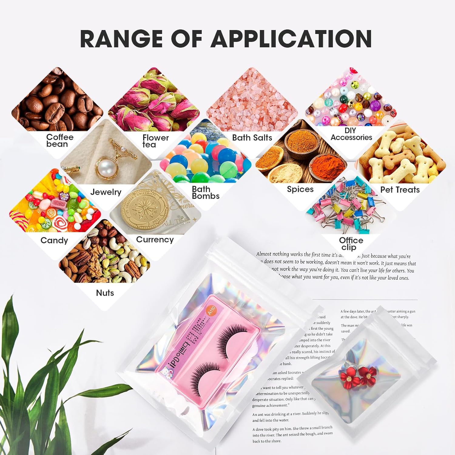 120PCS Smell Proof Mylar Bags,7.8"x11.8" Resealable Bag for Small Business,Holographic Packaging Bags with Clear Window,Foil Pouch Sample Snack Candy Jewelry Bag for Party Favors White