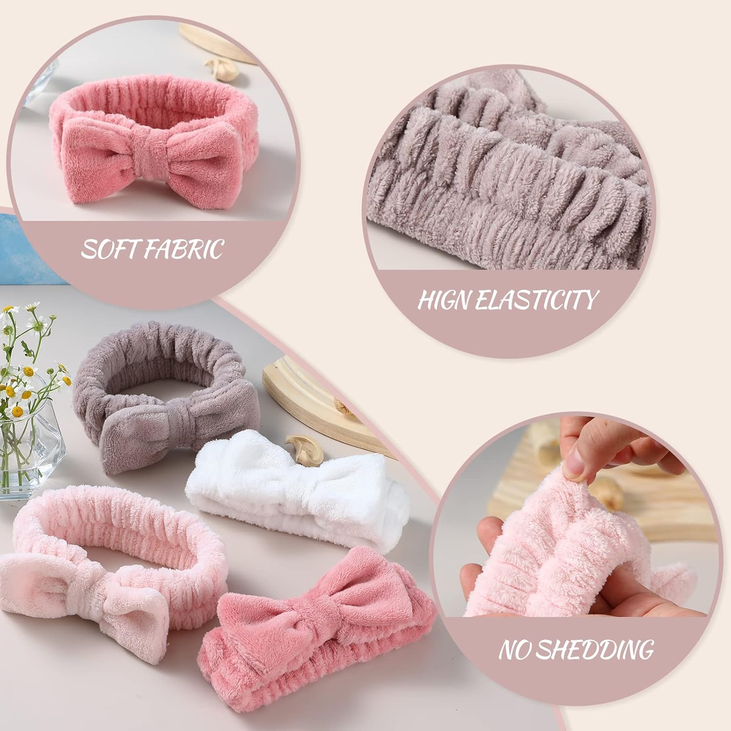 4 Pack Spa Headband for Washing Face, Girls Makeup Bow Tie Hair Band, Microfiber Women Headbands, Elastic Headband to Skincare, Gifts for Teen Girls- White, Brown, Rose Pink, Light Pink