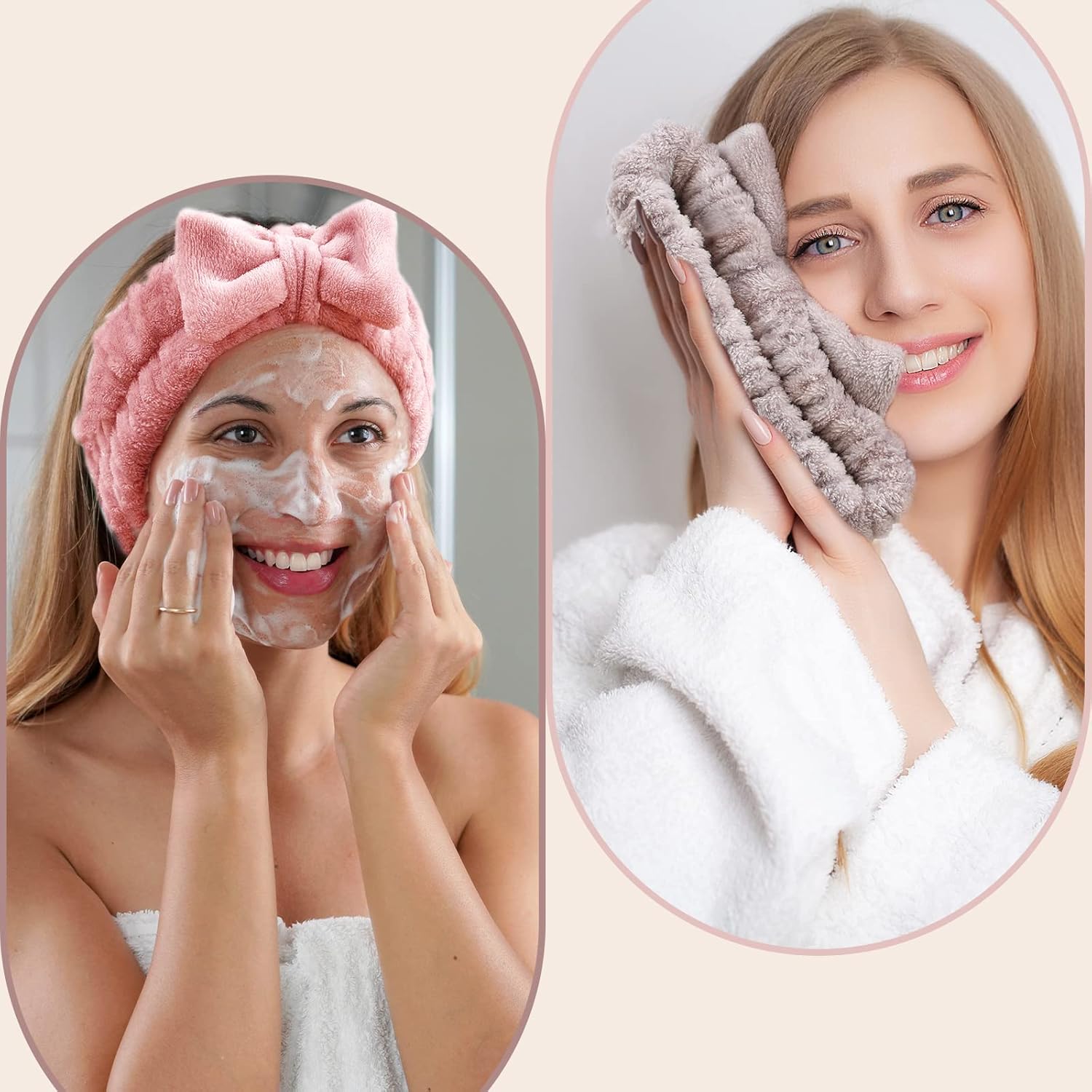 4 Pack Spa Headband for Washing Face, Girls Makeup Bow Tie Hair Band, Microfiber Women Headbands, Elastic Headband to Skincare, Gifts for Teen Girls- White, Brown, Rose Pink, Light Pink