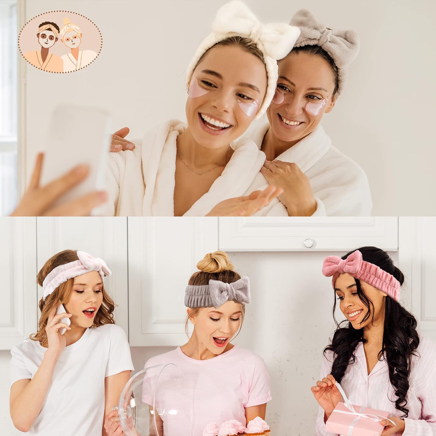 4 Pack Spa Headband for Washing Face, Girls Makeup Bow Tie Hair Band, Microfiber Women Headbands, Elastic Headband to Skincare, Gifts for Teen Girls- White, Brown, Rose Pink, Light Pink