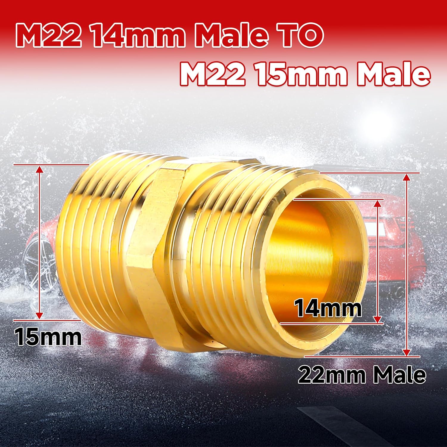Pressure Washer Adapter, Metric M22 15mm Male Thread to M22 14mm Male Fitting, 4500 PSI, 2 Pack
