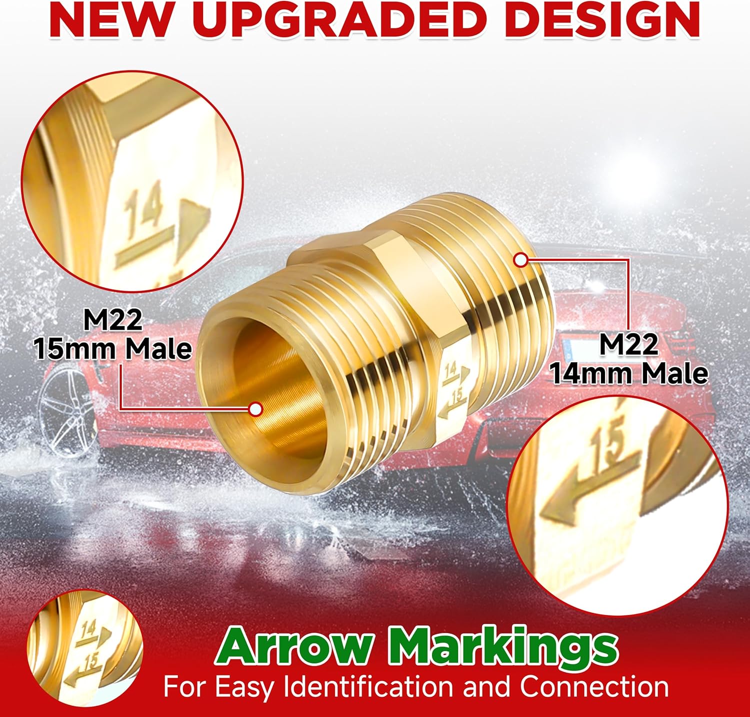 Pressure Washer Adapter, Metric M22 15mm Male Thread to M22 14mm Male Fitting, 4500 PSI, 2 Pack