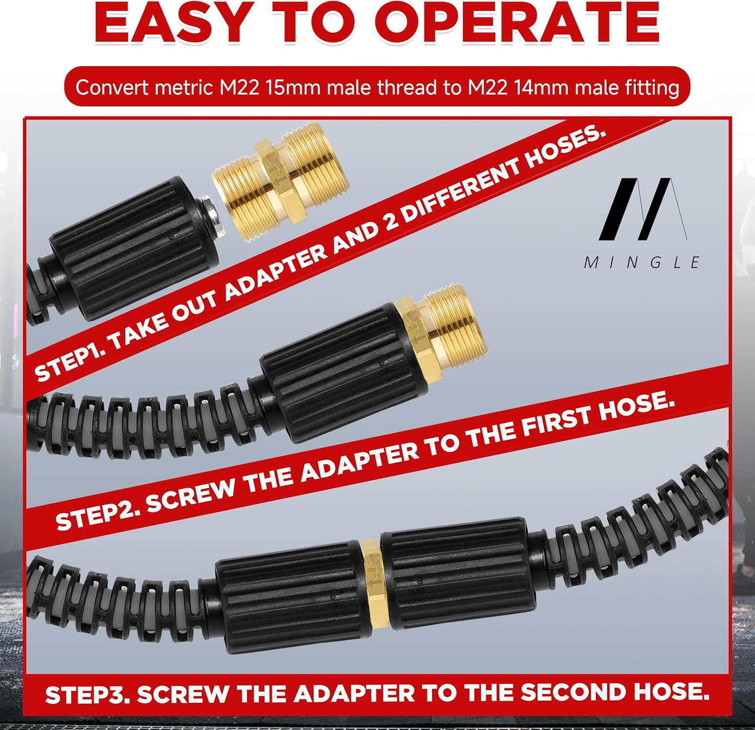 Pressure Washer Adapter, Metric M22 15mm Male Thread to M22 14mm Male Fitting, 4500 PSI, 2 Pack