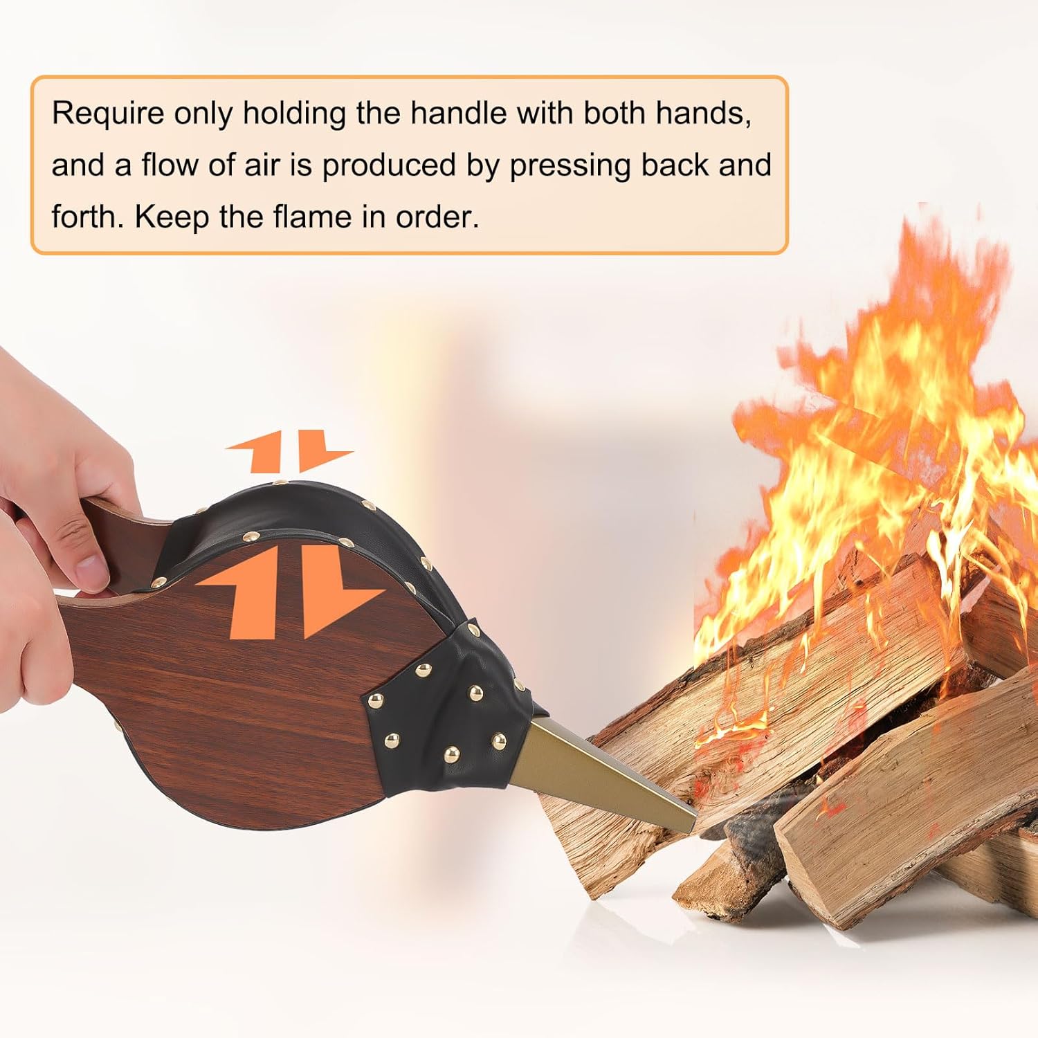 Fireplace Bellows Air Blower Cast Nozzle 14.8" x 5.6" for Outdoor Camping BBQ Grill Chimney Hand Bellow Pump Pit Barbeque Fire Tools Accessories with Hanging Strap, Brown