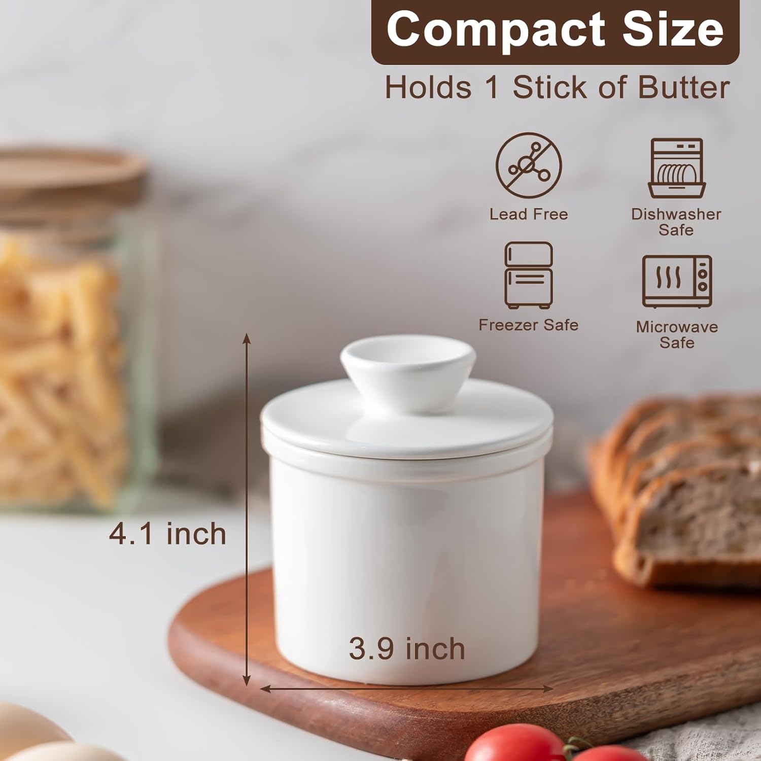 Butter Crock With Water Line for Countertop, French Dish With Lid, Ceramic Keeper for Fresh Spreadable Butter, Container Holder for Kitchen and Home Decor, White