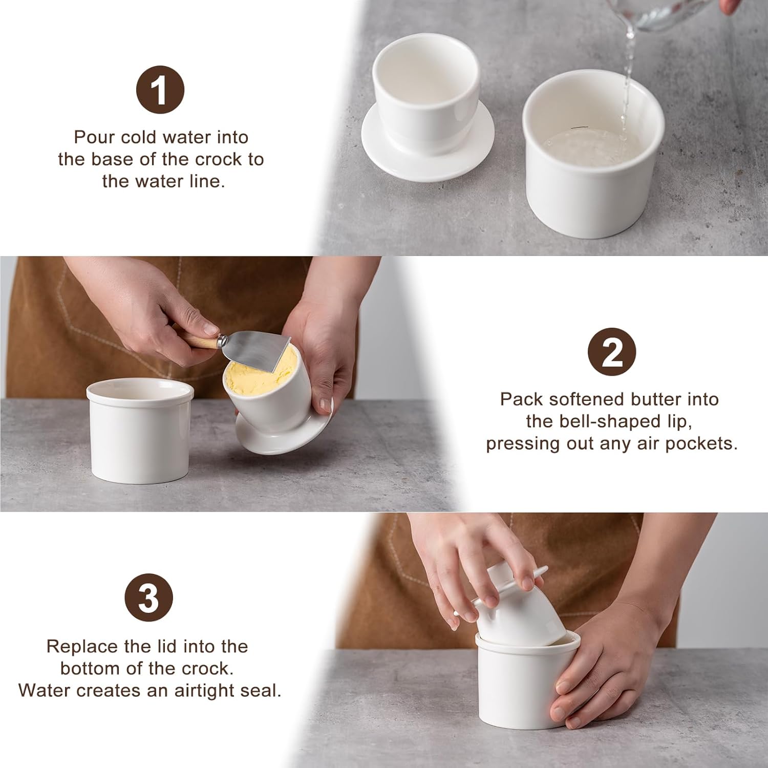 Butter Crock With Water Line for Countertop, French Dish With Lid, Ceramic Keeper for Fresh Spreadable Butter, Container Holder for Kitchen and Home Decor, White