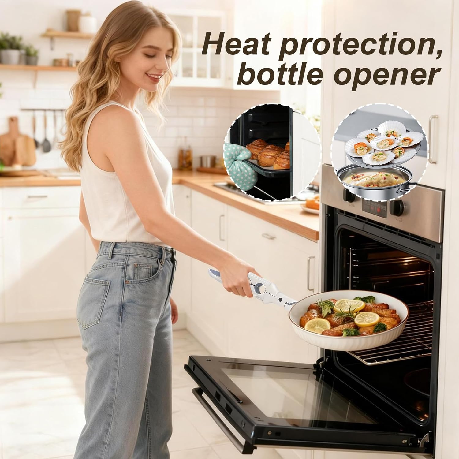 Multifunctional Kitchen Tongs Heat Resistant Anti-Scald Silicone Tips Food Tongs with Bottle Opener Stainless Steel Cooking Utensils for BBQ Salad Serving 1 Piece