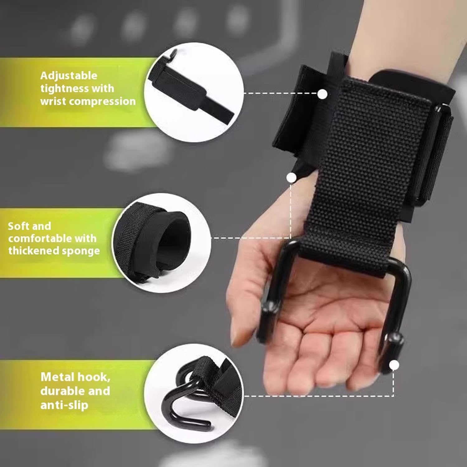 Weight Lifting Wrist Strap Hooks - Black - 1 Pair