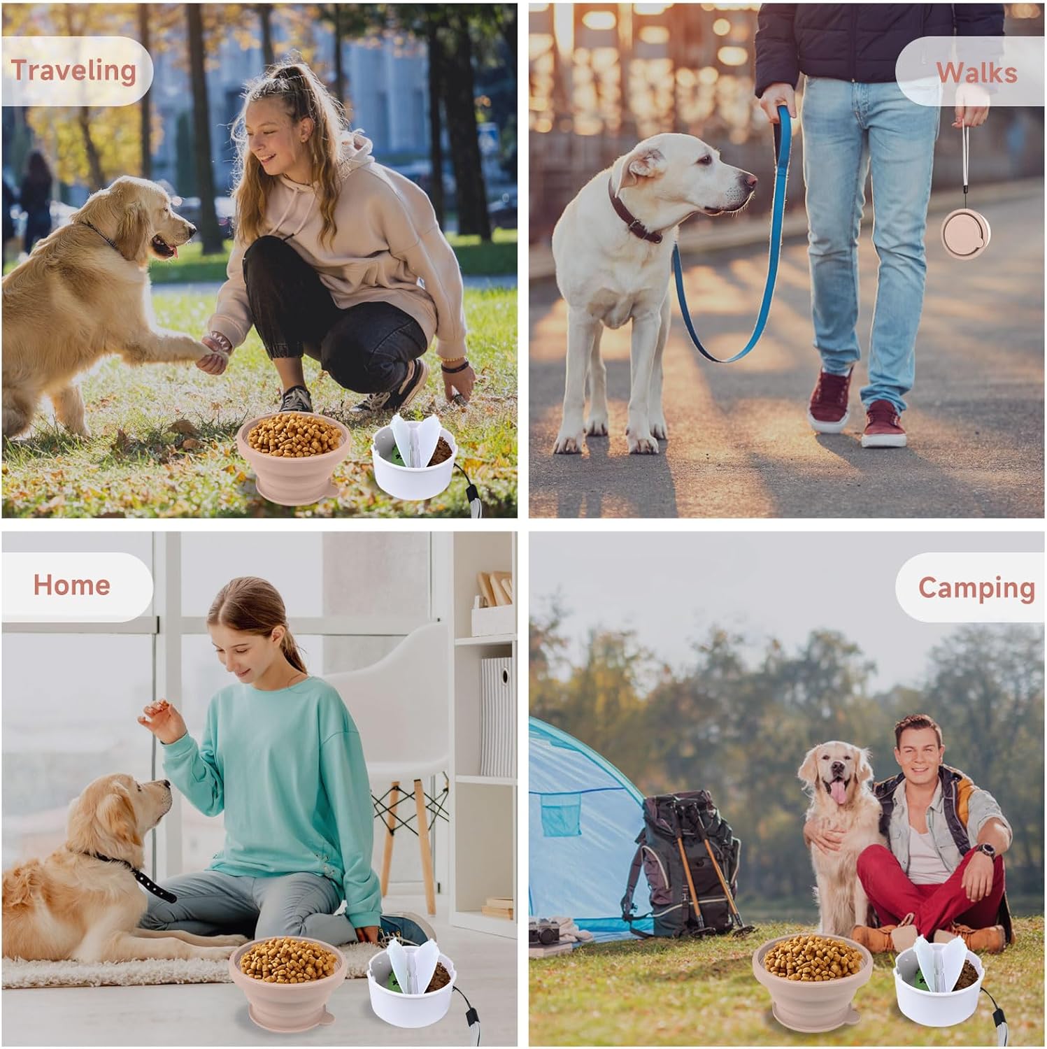 Collapsible Dog Bowl for Travel Double Feeder and Water Bowl with Lid and Carrying Strap