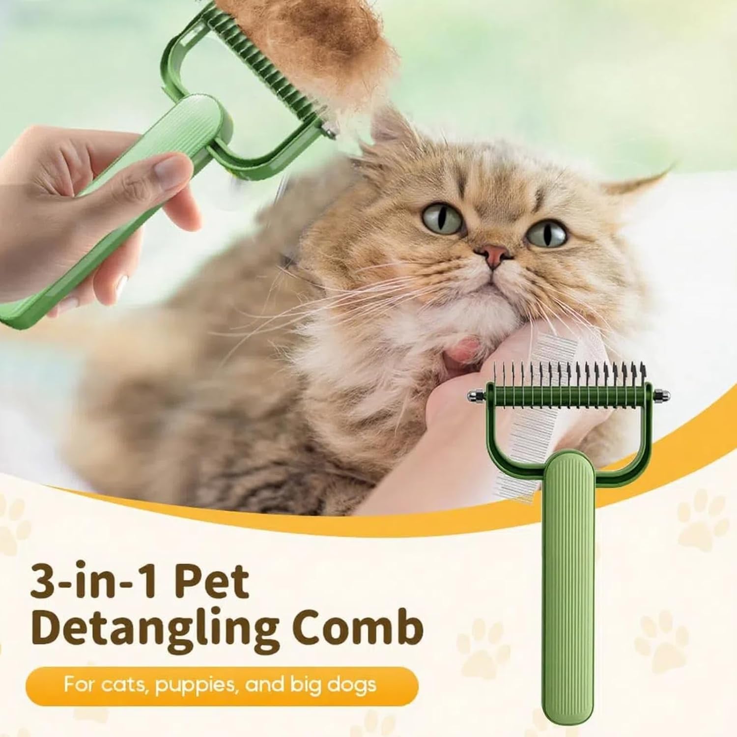Double-Sided Pet Brush for Dogs & Cats - Green - Undercoat Comb with Non-Slip Handle - Removes Tangles & Loose Hair - 1 Piece