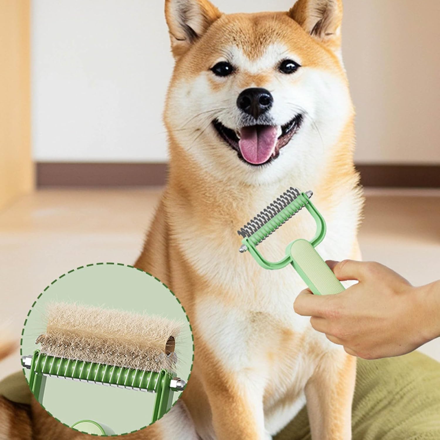 Double-Sided Pet Brush for Dogs & Cats - Green - Undercoat Comb with Non-Slip Handle - Removes Tangles & Loose Hair - 1 Piece