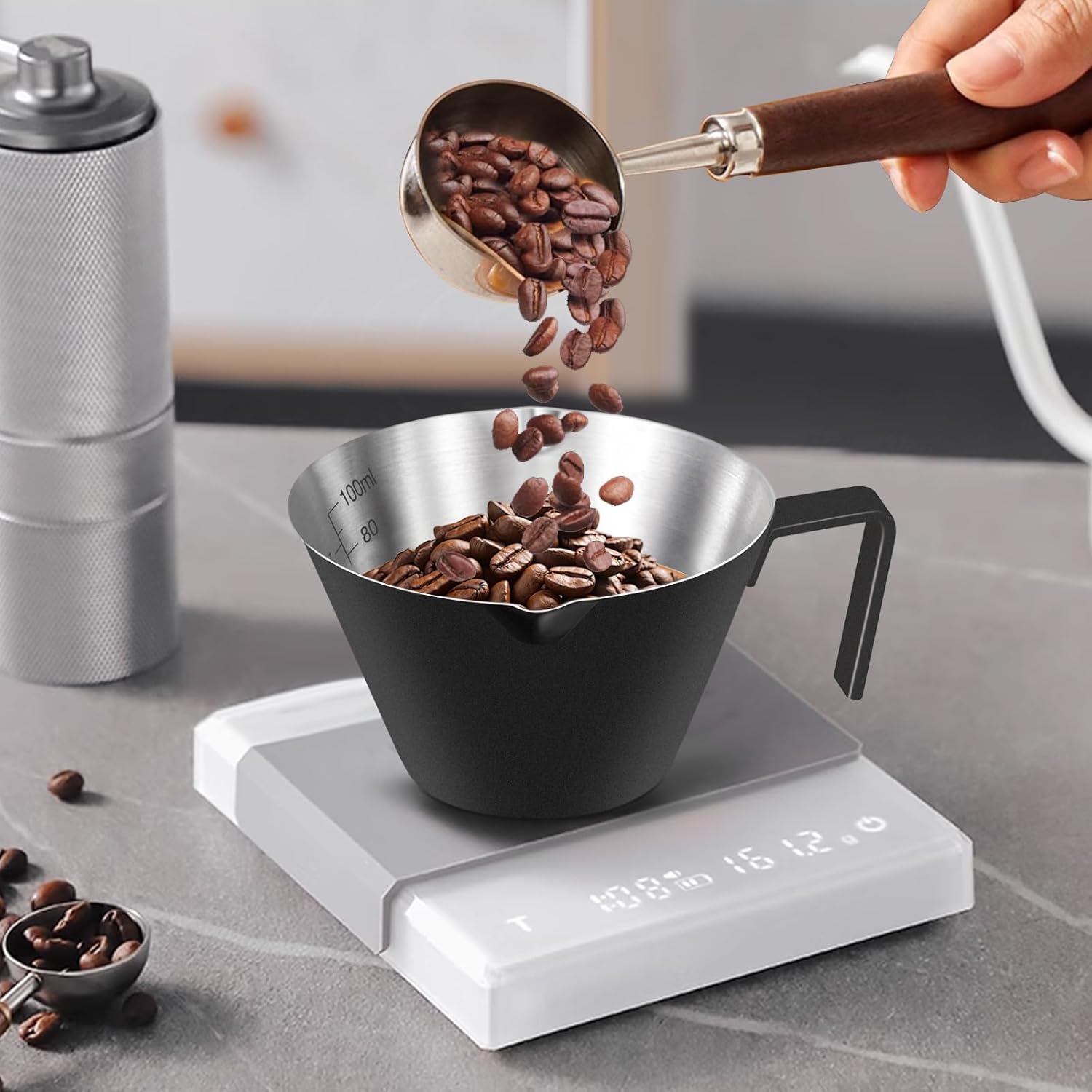 Stainless Steel Double Wall Espresso Cup with Handle 100ml Weighable Coffee Beans Measuring Cup