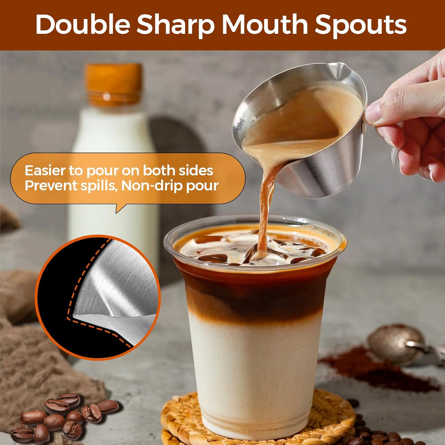 Stainless Steel Double Wall Espresso Cup with Handle 100ml Weighable Coffee Beans Measuring Cup