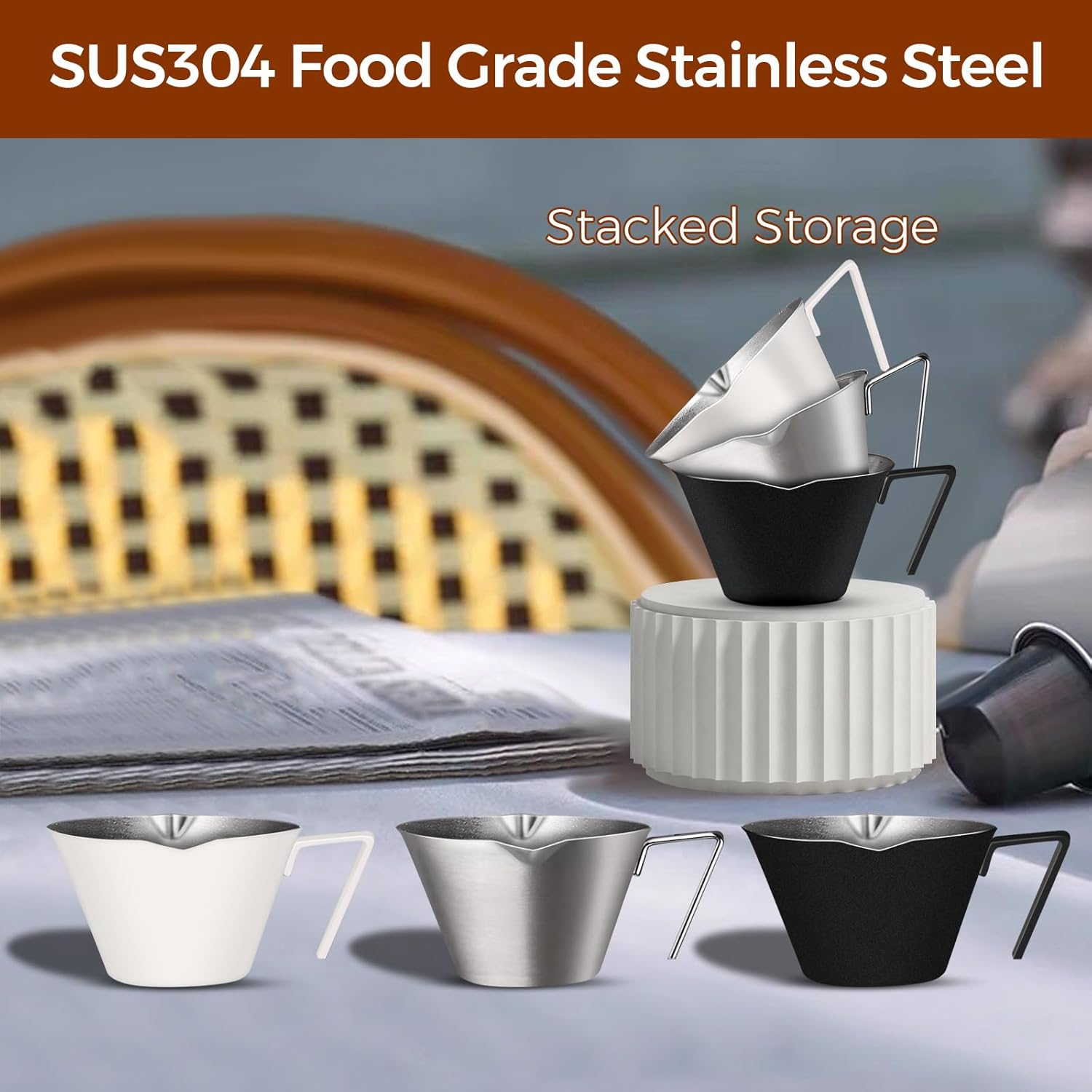 Stainless Steel Double Wall Espresso Cup with Handle 100ml Weighable Coffee Beans Measuring Cup