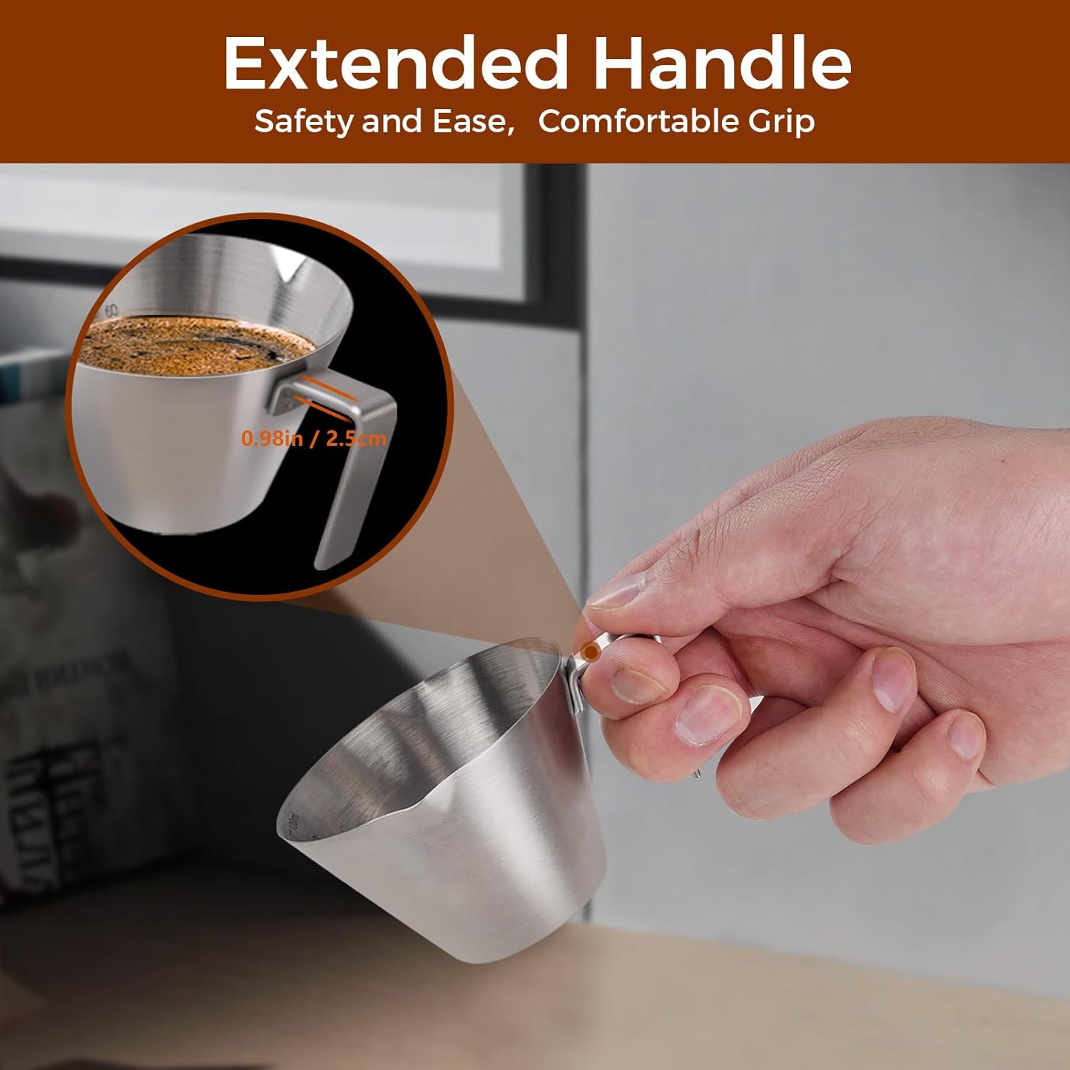 Stainless Steel Double Wall Espresso Cup with Handle 100ml Weighable Coffee Beans Measuring Cup