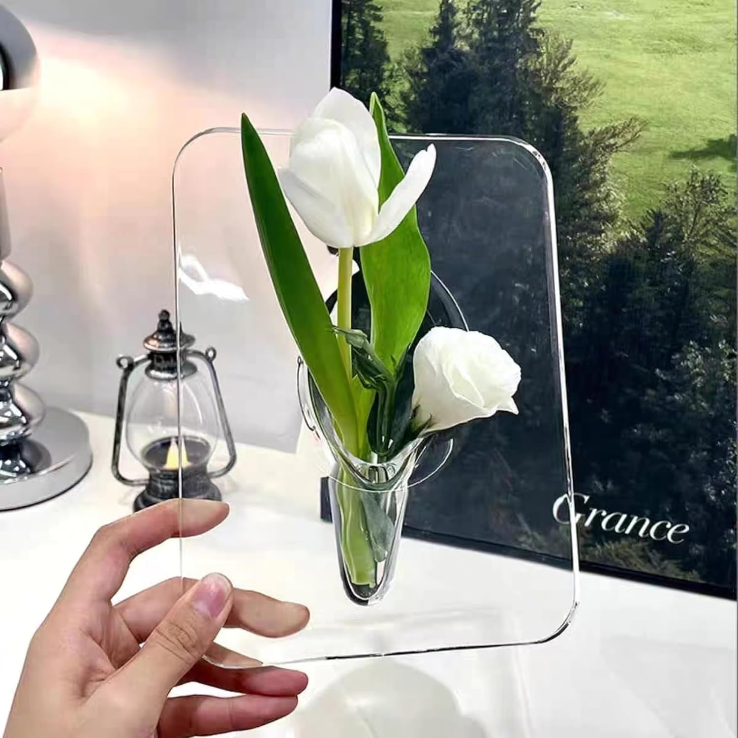 Clear Acrylic Photo Frame Vase - Modern Style Decorative Vase for Office Bookshelf Bedroom Living Room - Unique Home Decor Piece