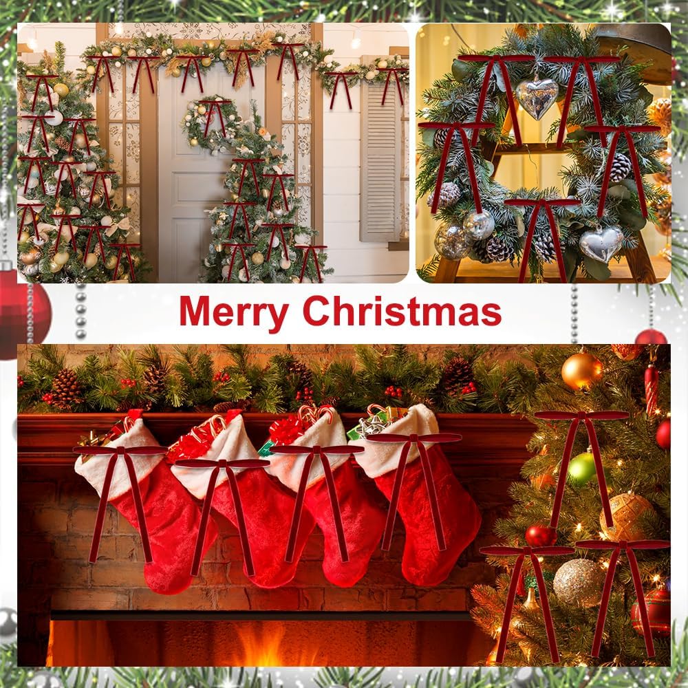 24 Pack Red Felt Christmas Bows - Festive Ribbon Ornaments for Home Indoor Outdoor Party Wreath Decorations