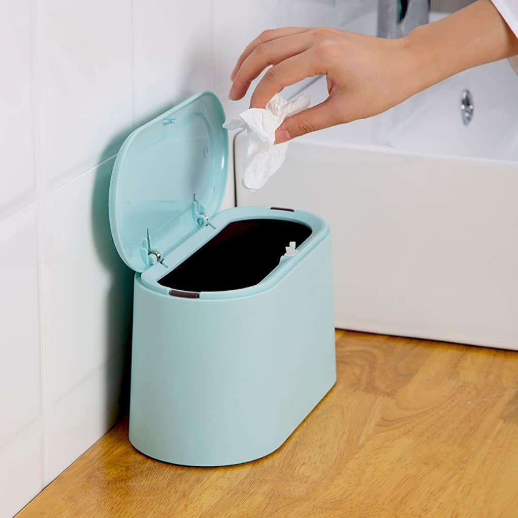 Mini Waste Bin with Lid - Blue - Small Plastic Trash Can for Bathroom Desk Kitchen Office - Removable Compact Rubbish Bin for Countertop Vanity Tabletop