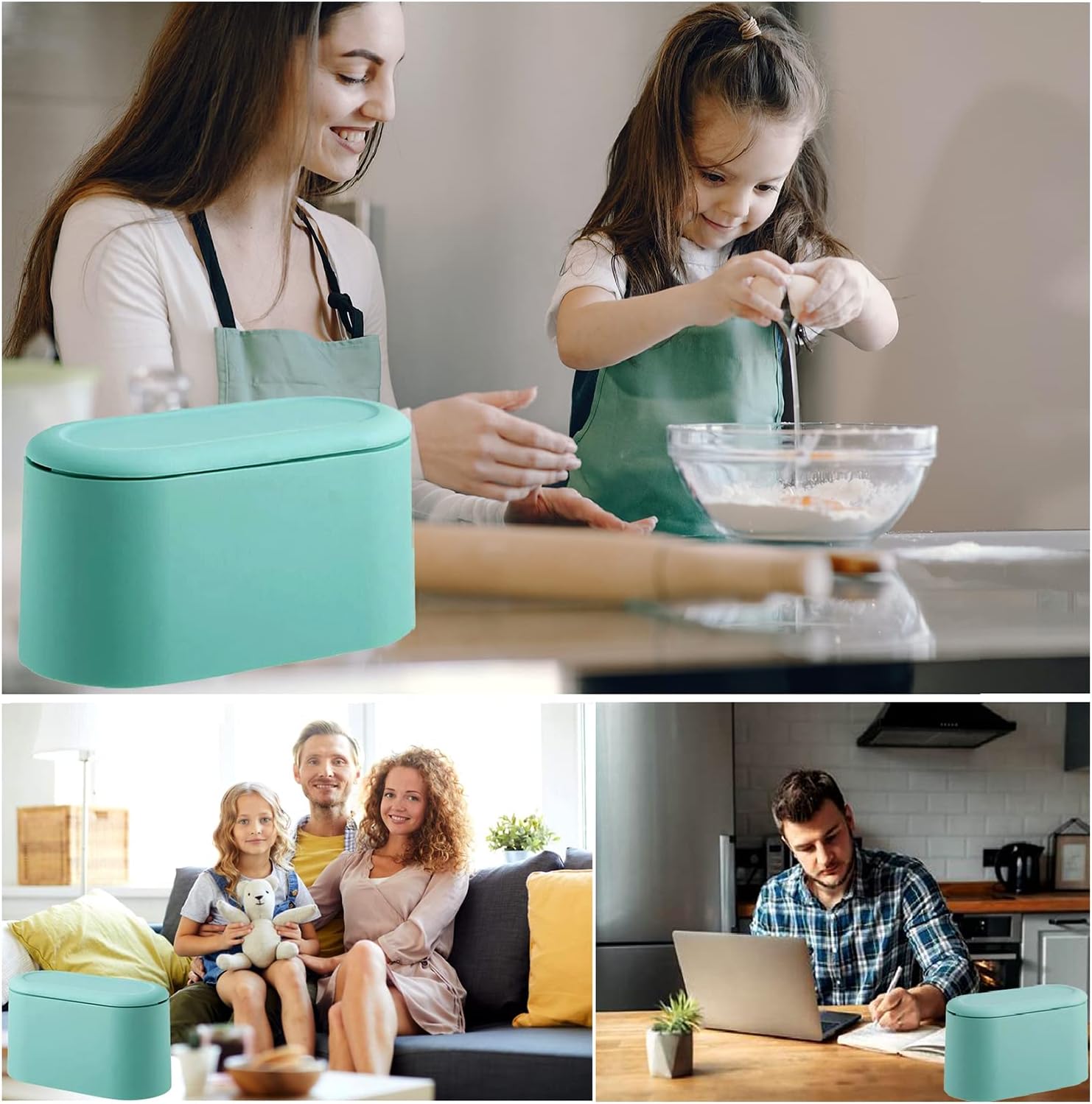 Mini Waste Bin with Lid - Blue - Small Plastic Trash Can for Bathroom Desk Kitchen Office - Removable Compact Rubbish Bin for Countertop Vanity Tabletop