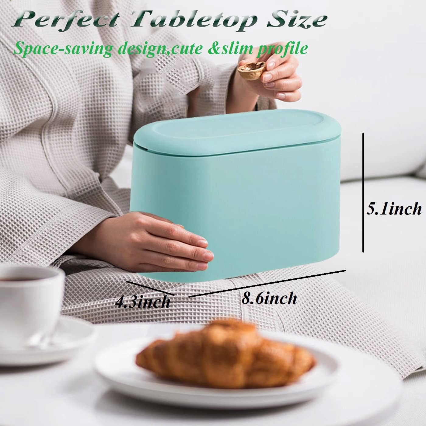 Mini Waste Bin with Lid - Blue - Small Plastic Trash Can for Bathroom Desk Kitchen Office - Removable Compact Rubbish Bin for Countertop Vanity Tabletop