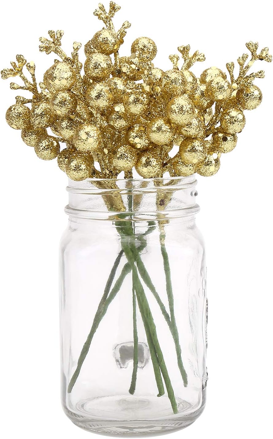 20 Gold Glitter Berry Ornaments Christmas Tree Decorations Artificial Xmas Tree Filler DIY Wreath Festive Home Decor