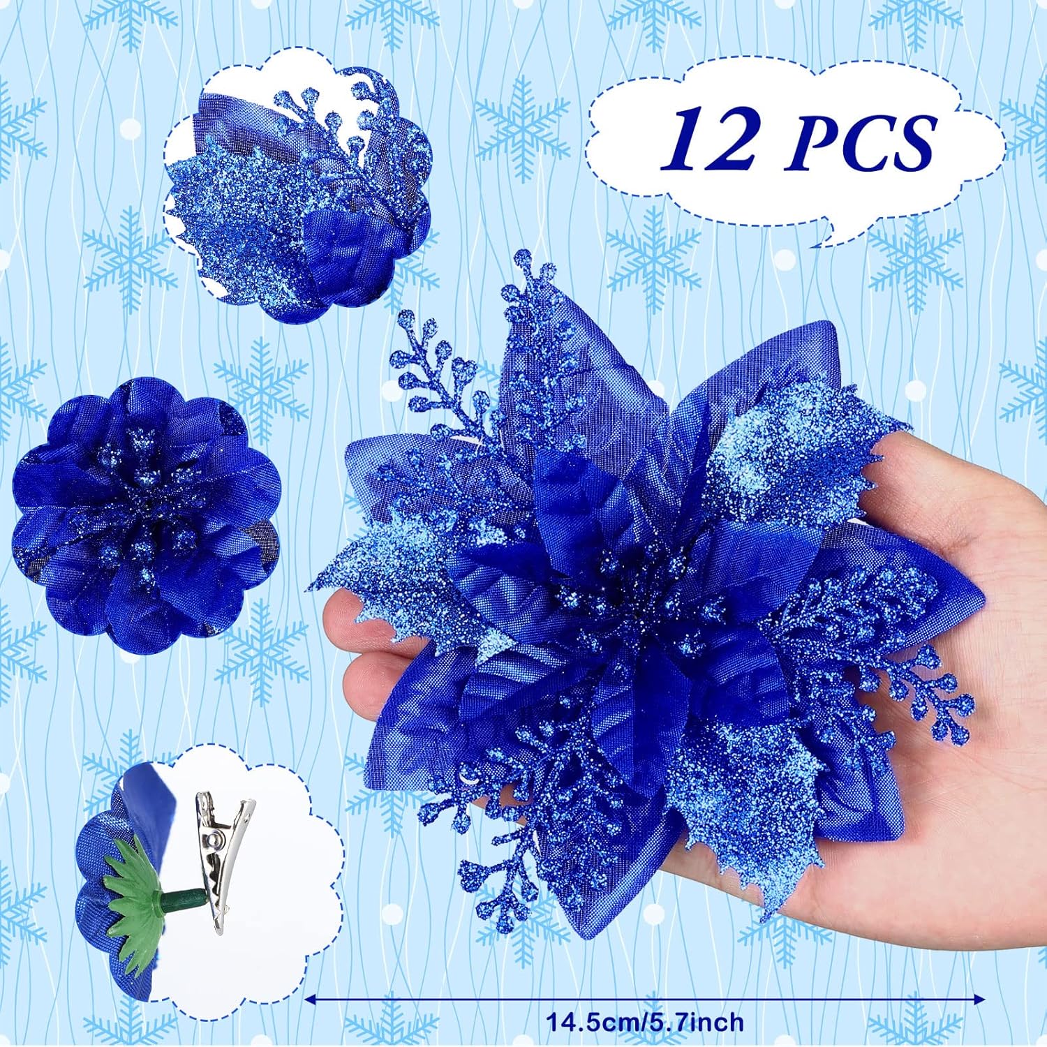 12 Piece Royal Blue Christmas Decorations Set with Glitter Artificial Flowers Clips for Tree Wreaths Home Festive Ornaments