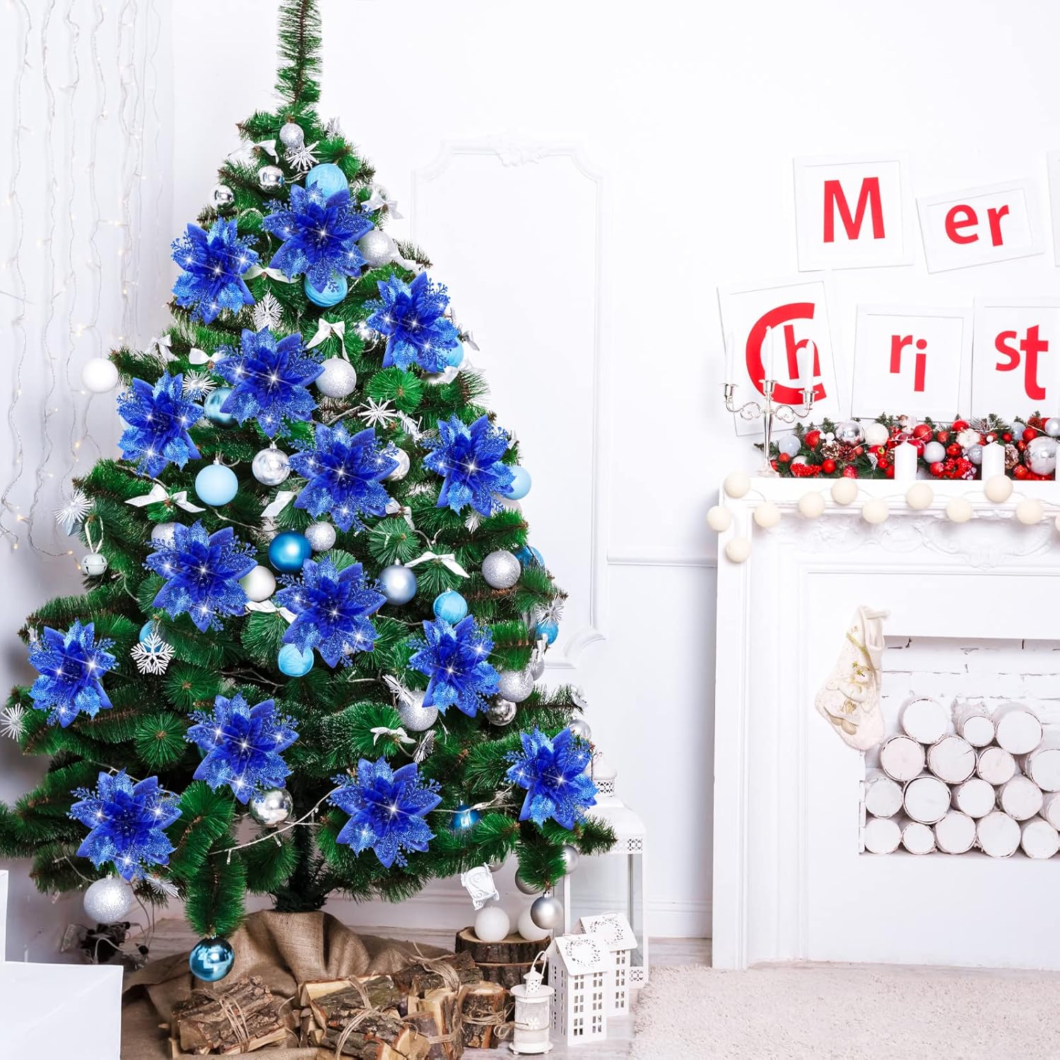 12 Piece Royal Blue Christmas Decorations Set with Glitter Artificial Flowers Clips for Tree Wreaths Home Festive Ornaments