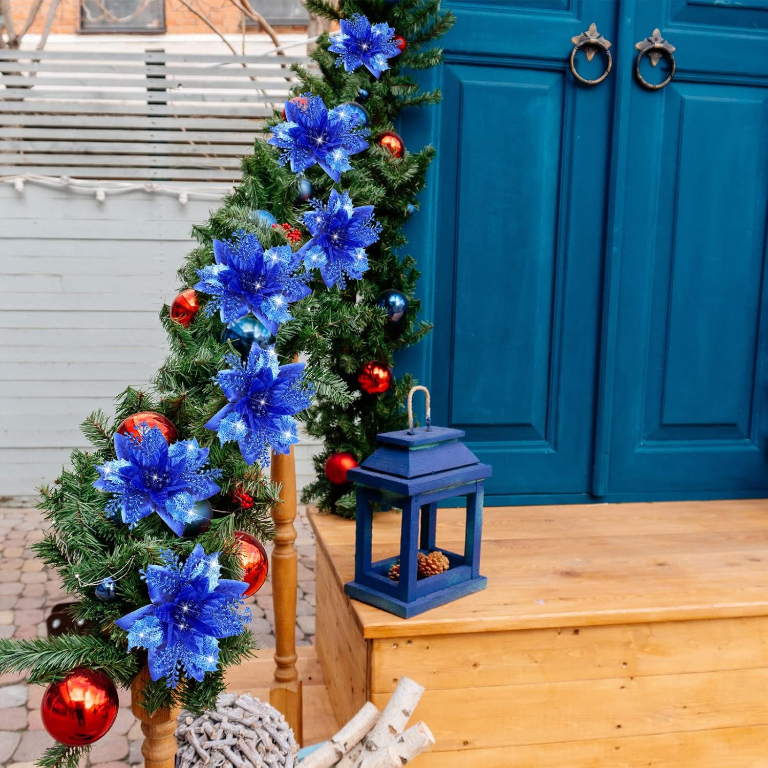 12 Piece Royal Blue Christmas Decorations Set with Glitter Artificial Flowers Clips for Tree Wreaths Home Festive Ornaments