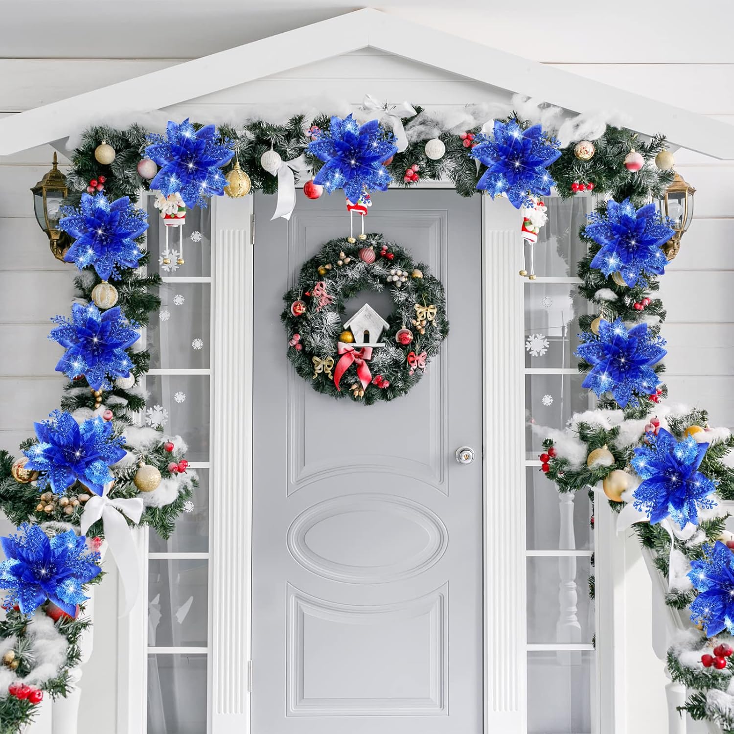 12 Piece Royal Blue Christmas Decorations Set with Glitter Artificial Flowers Clips for Tree Wreaths Home Festive Ornaments