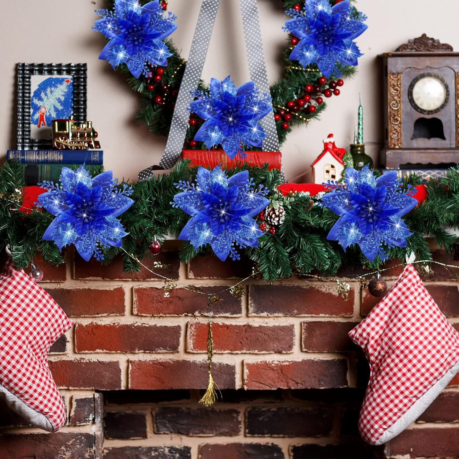 12 Piece Royal Blue Christmas Decorations Set with Glitter Artificial Flowers Clips for Tree Wreaths Home Festive Ornaments