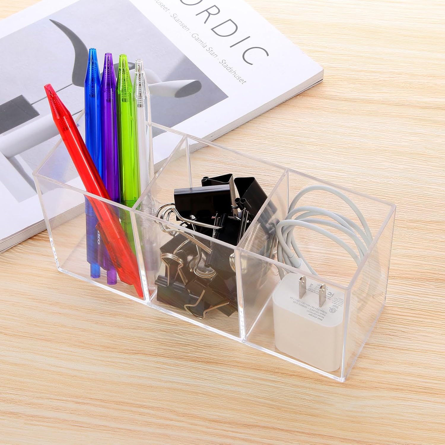 Transparent Pen Holder Desk Organizer - Pencil Marker Paperclip Storage Container - Plastic Stationery Organiser for Office Bedroom Bathroom