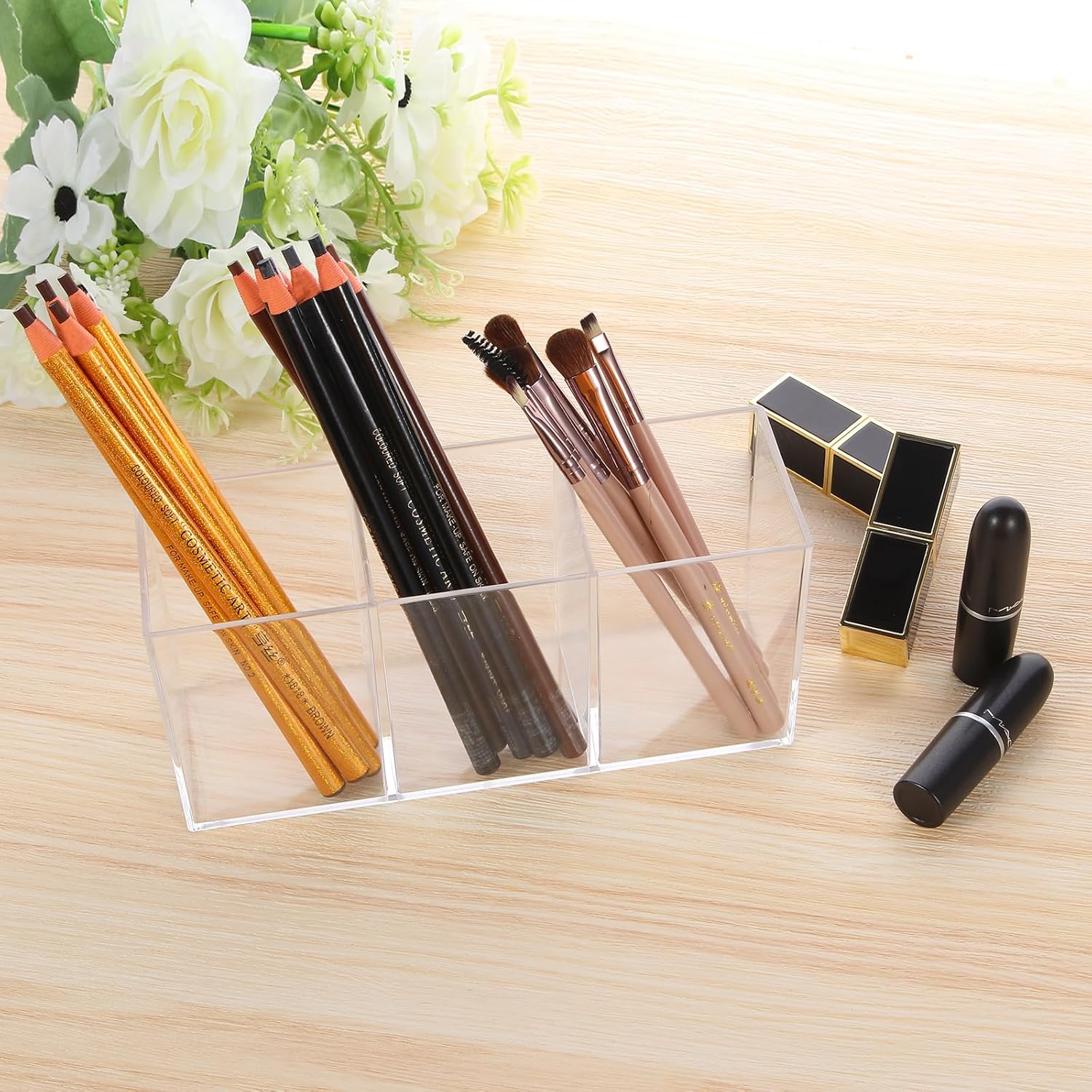 Transparent Pen Holder Desk Organizer - Pencil Marker Paperclip Storage Container - Plastic Stationery Organiser for Office Bedroom Bathroom