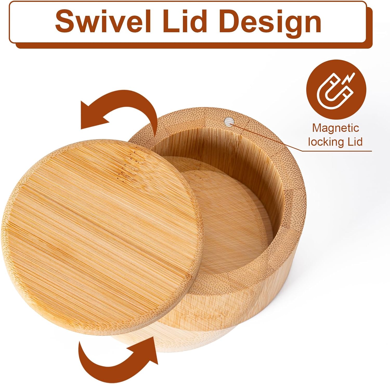 Bamboo Salt Grinder with Magnetic Rotating Lid Round Salt Container for Storing Salt Pepper Sugar and Spices 1 Piece