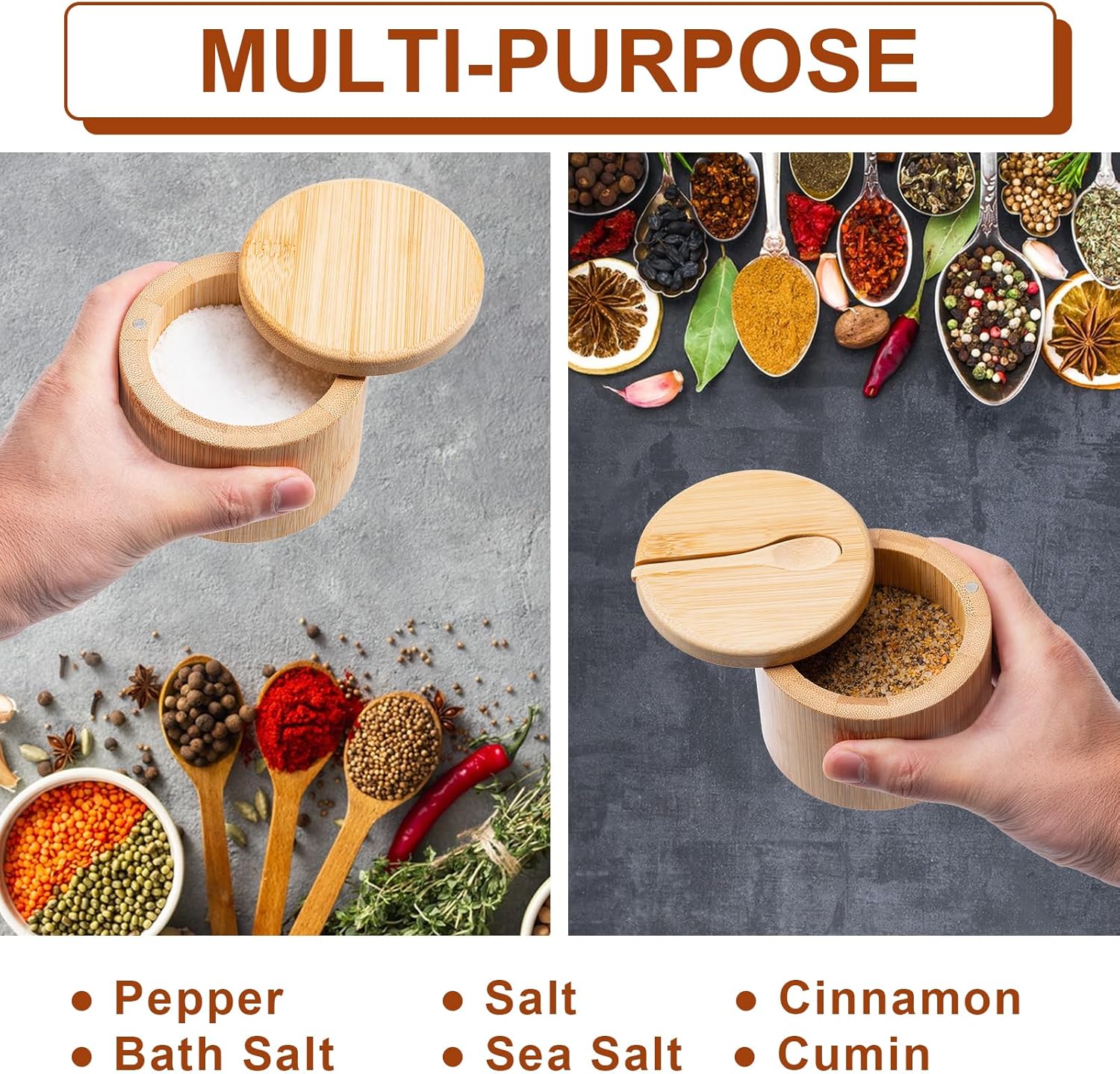 Bamboo Salt Grinder with Magnetic Rotating Lid Round Salt Container for Storing Salt Pepper Sugar and Spices 1 Piece