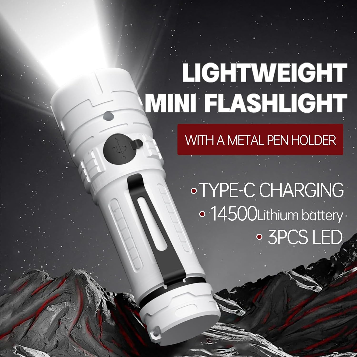 Rechargeable LED Torch - White - 1 Piece - Lightweight Portable Flashlight for Camping Backpacking Hiking