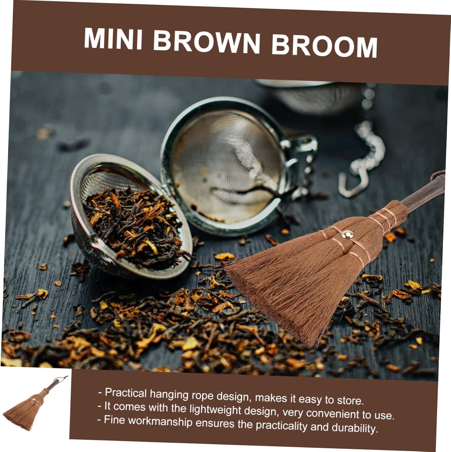 Mini Broom Brown Lightweight Durable Hanging Eye for Kitchen Camping 1 Piece