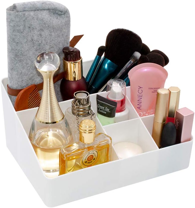 White Cosmetic Organizer with 6 Compartments for Skincare and Jewelry Storage