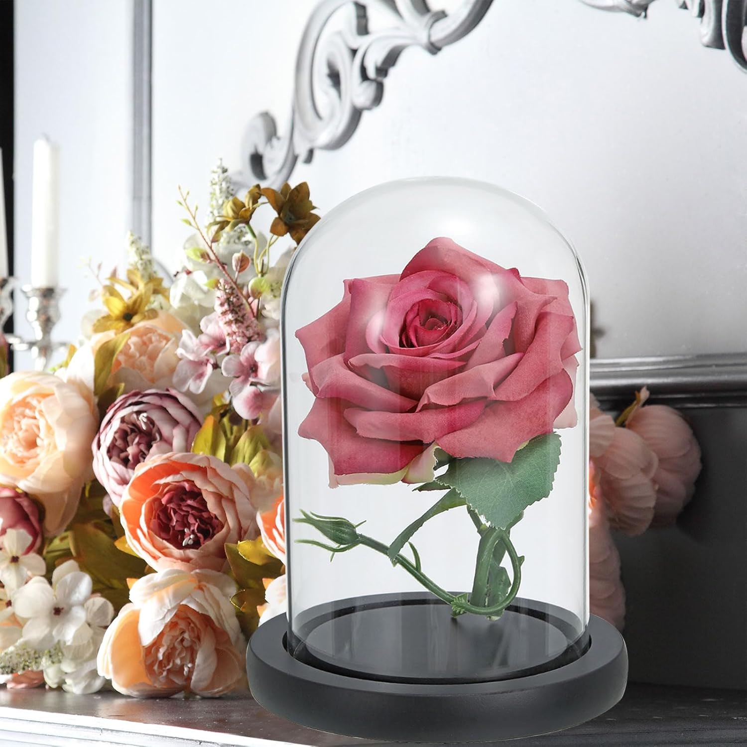 Glass Dome with Black Wooden Base - Clock Shaped Display Case - Home Decor - Desk Ornament - Christmas Decoration for Indoor Use