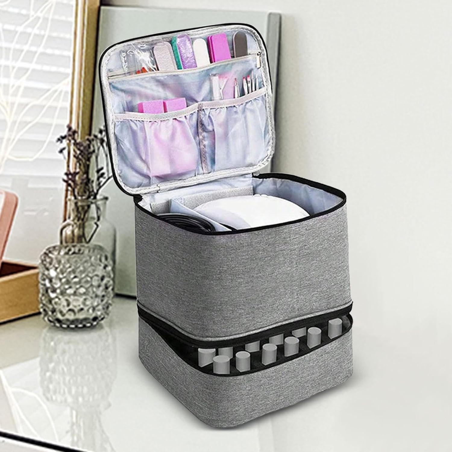 Large Capacity Grey Makeup Organizer Case - Cosmetic Storage Beauty Bag for Makeup Tools