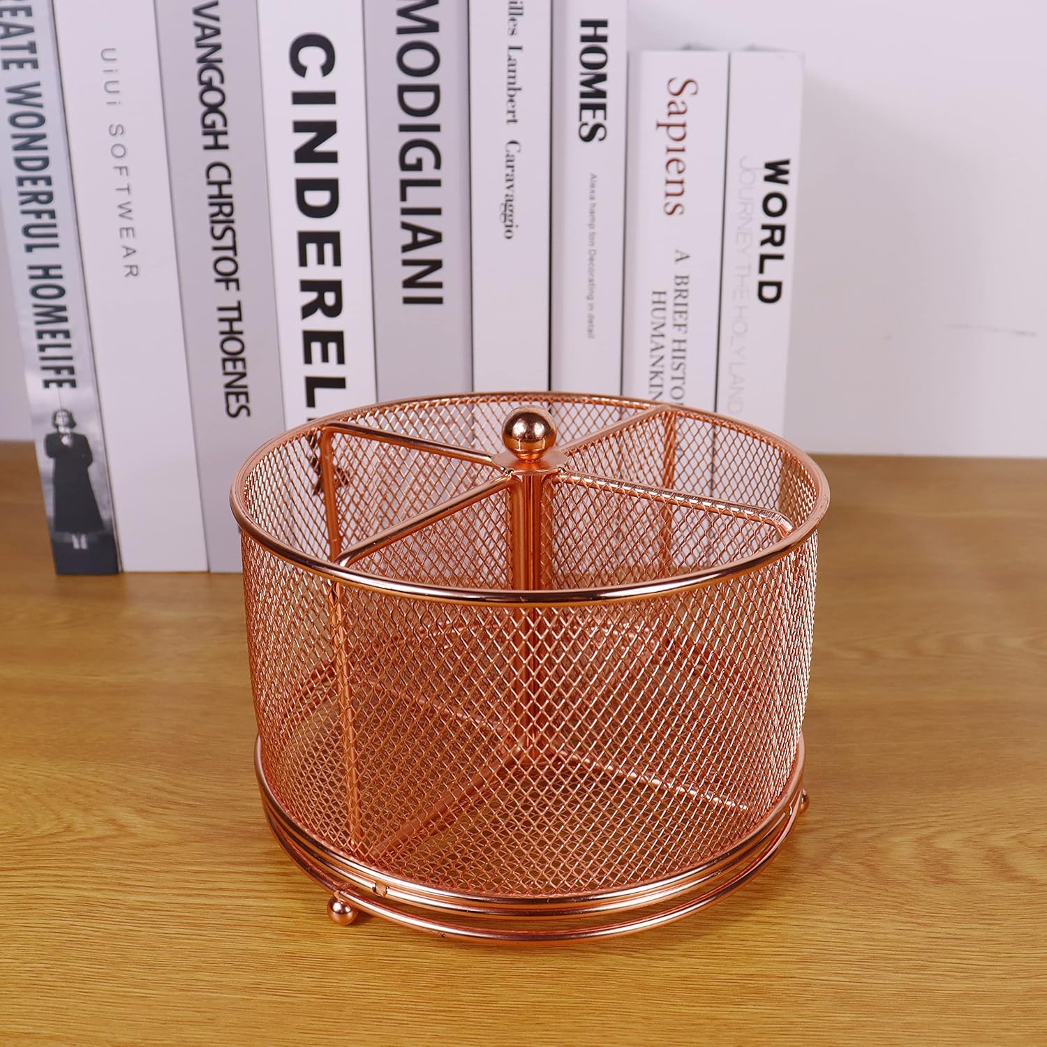 17x17x13cm Rose Gold Metal Mesh Desk Organizer Office Supplies Storage