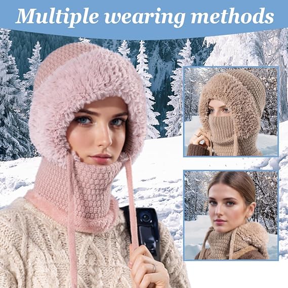 3-in-1 Women's Beanie Hat with Neck Warmer One Size Khaki