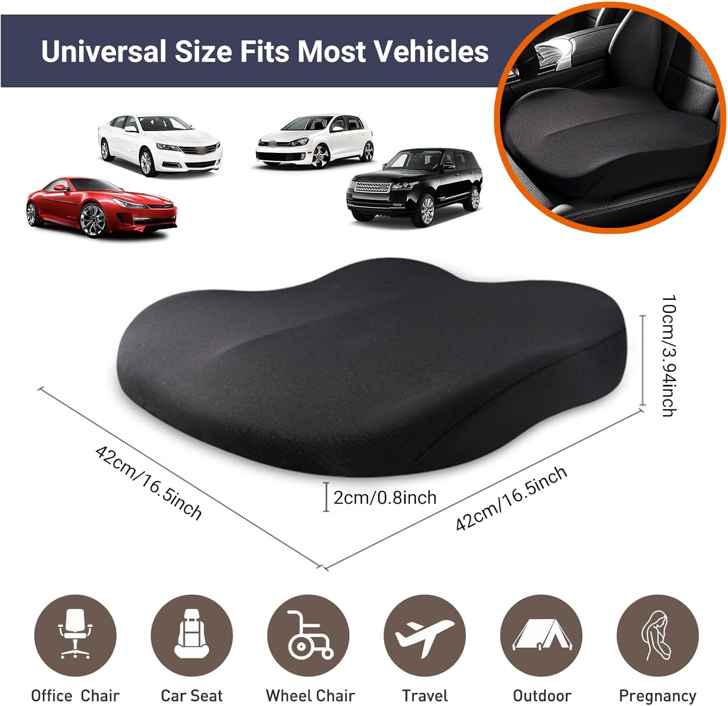 Memory Foam Car Seat Cushion 42x42x10cm Brown - Comfortable Supportive Auto Seat Pillow for Enhanced Driving Experience