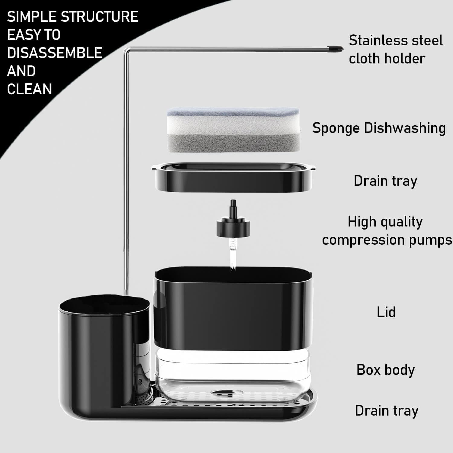 Kitchen Storage Rack with Sink Organizer and Dishcloth Holder - Black