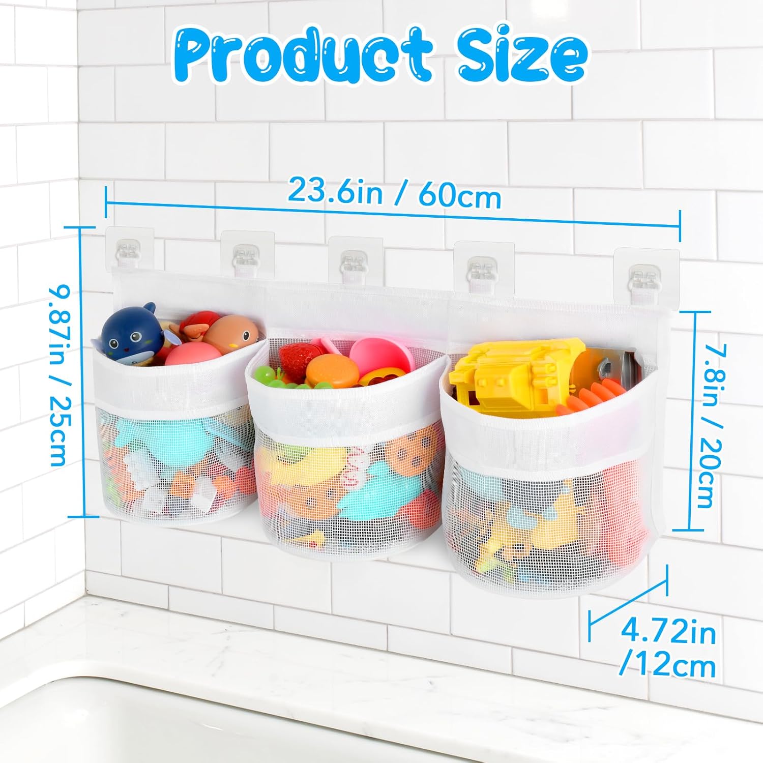 Bathroom Storage Bag with Three Compartments - Bath Toy Organizer - 23.8x9.8x4.7 Inch - White