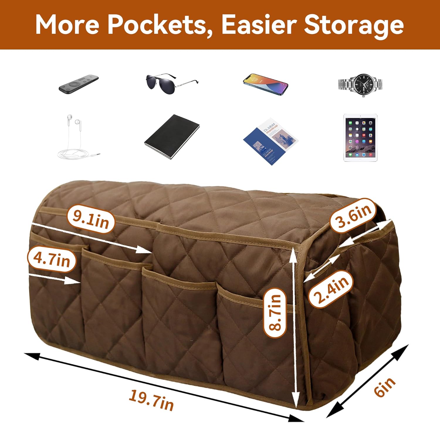 Armrest Organizer Car Storage Caddy with Phone Book Magazine Pen Holder 18.7×8.7×6inch Brown