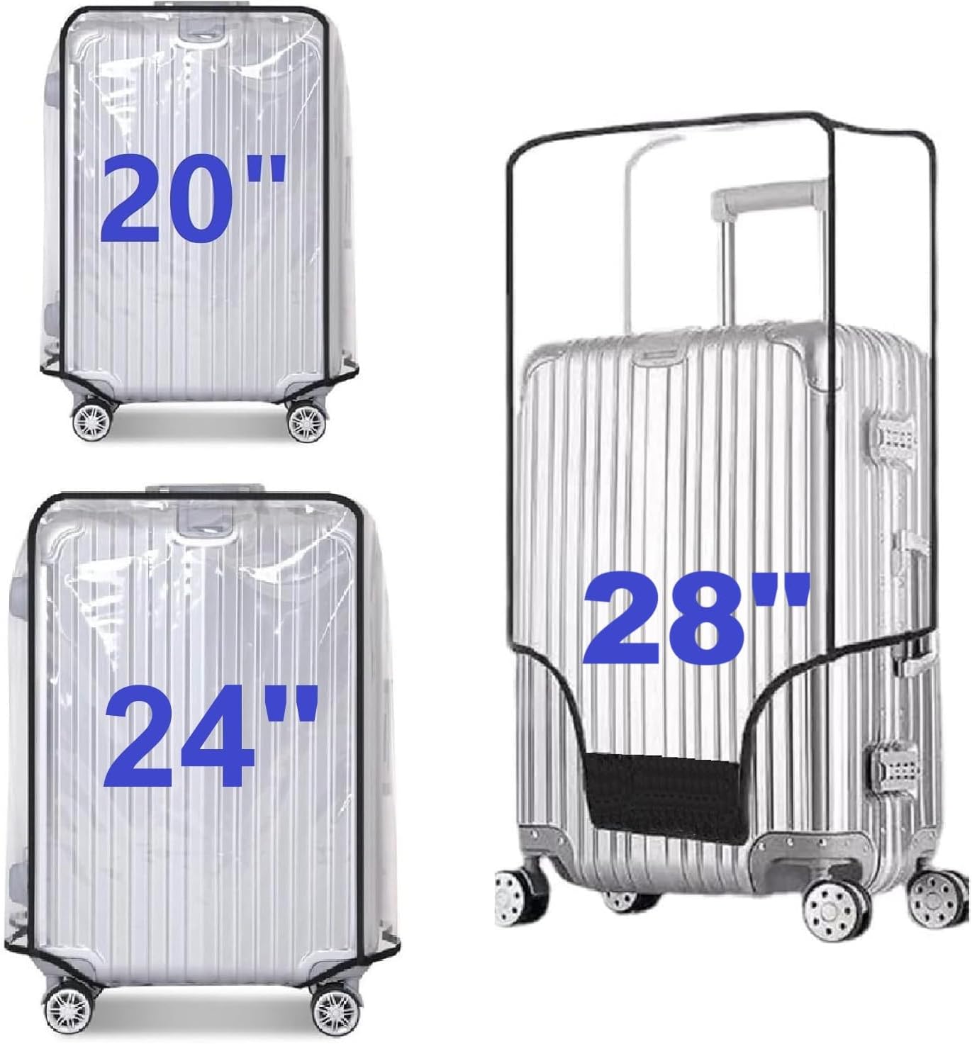 3 Pack Transparent PVC Suitcase Cover - Waterproof Luggage Protector with Velcro Closure for 20 24 28 Inch Suitcases