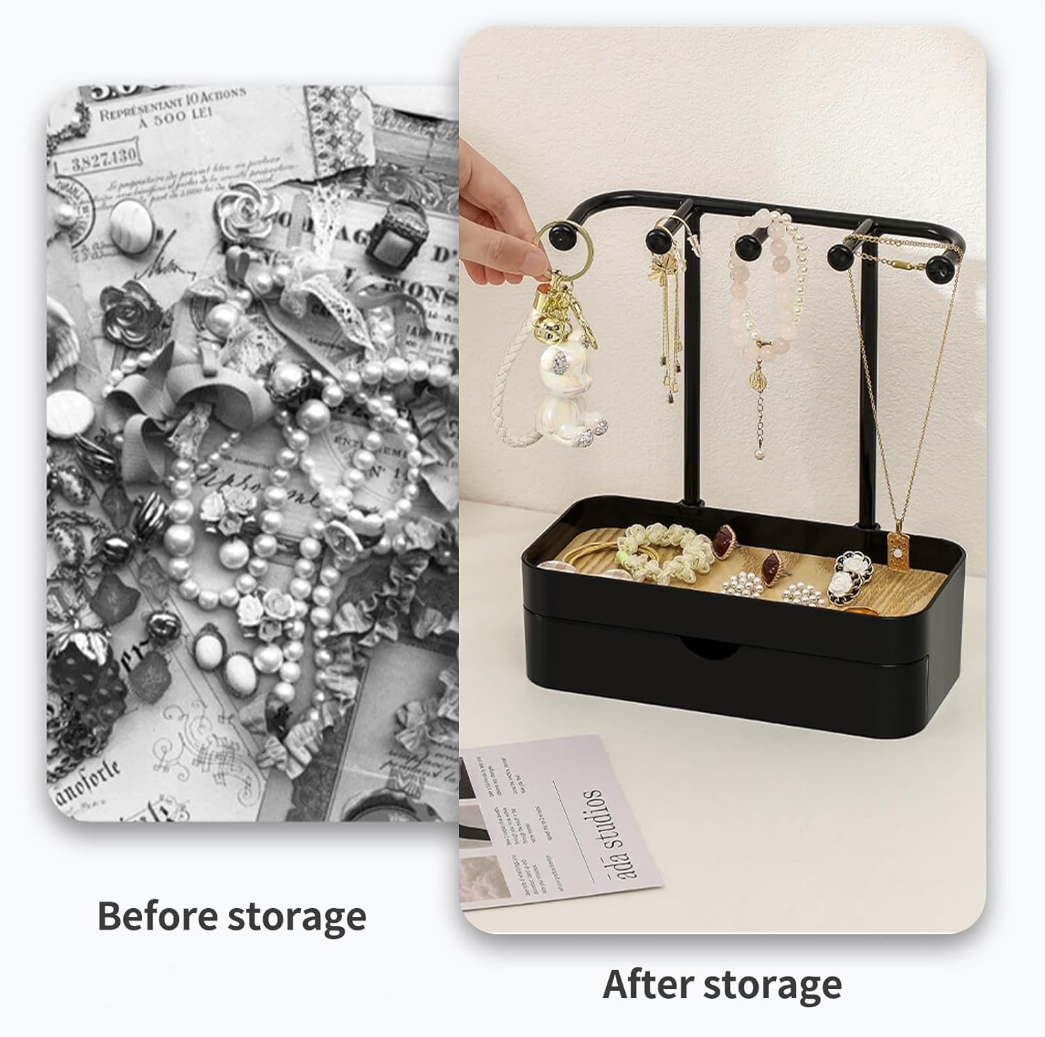 Industrial Jewelry Organizer with Wooden Tray - Necklace Holder & Storage for Women - Black - Gift Idea